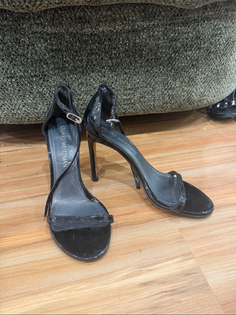 Stuart Weitzman Black Patent Leather Stiletto Sandals with Ankle Strap